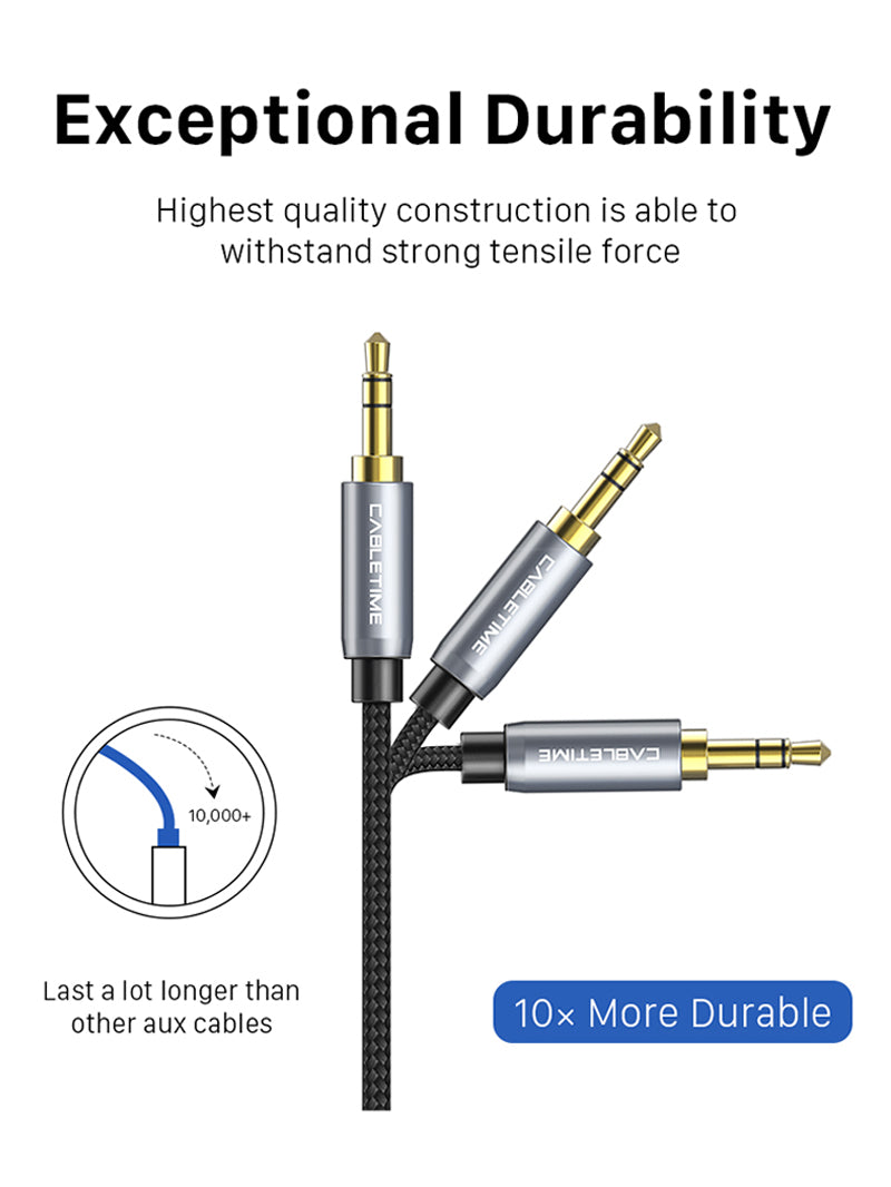 CABLETIME 3.5MM 90 Degree Right Angle Audio Aux Cable Cord for Exceptional Durability