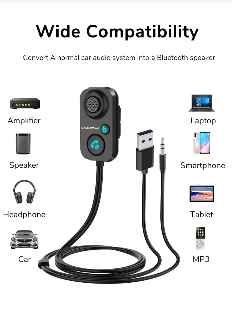 Bluetooth 5.0 AUX in Cable with Mic Handsfree Microphone Car Radio