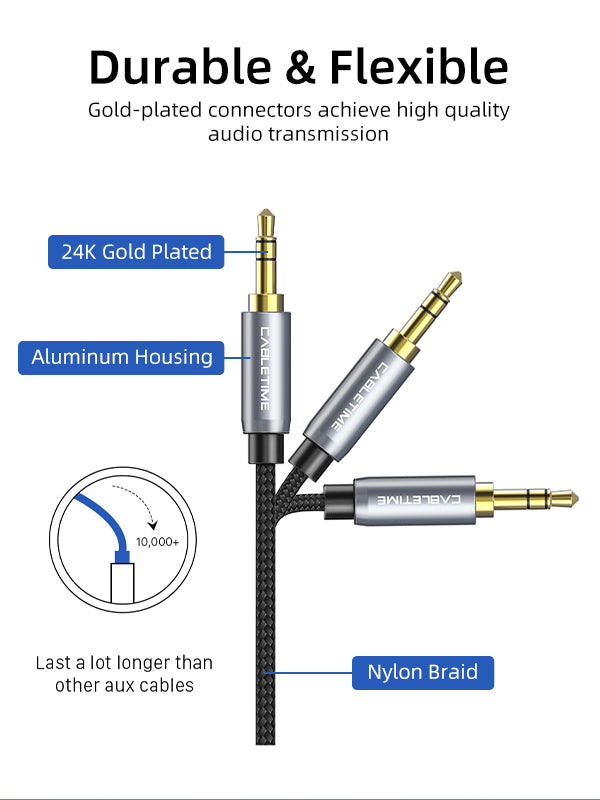 CABLETIME 3.5mm Male to Female AUX Audio Extension Cable, Gold-Plated Nylon Braided Stereo Extension Cable | CT-AV311-P11F-SG — product details