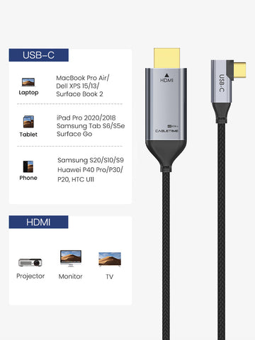 CABLETIME USB-C to HDMI Cable 4K 60hz Right Angle for MacBook Pro Air/ Dell XPS 15/13/ Surface Book 2
