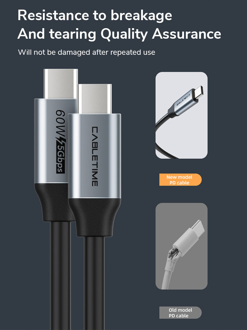 CABLETIME USB C to USB C 60w Cable Will not be damaged after repeated use