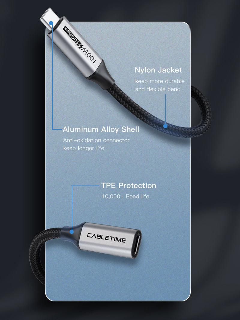 CABLETIME premium material 3.1 Gen 2 USB-C Male to USB-C Female Extension Cable 