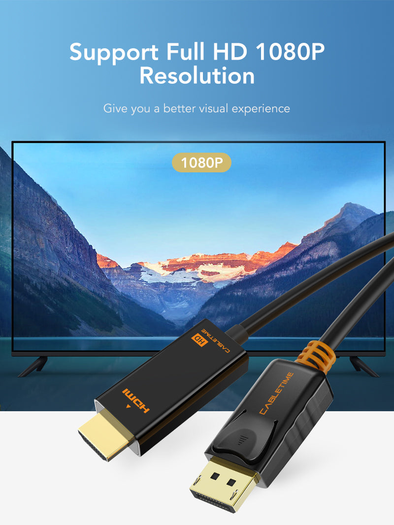 CABLETIME DisplayPort to HDMI Cord Male DP to Male HDMI Cable for 1080P FULL HD resolution