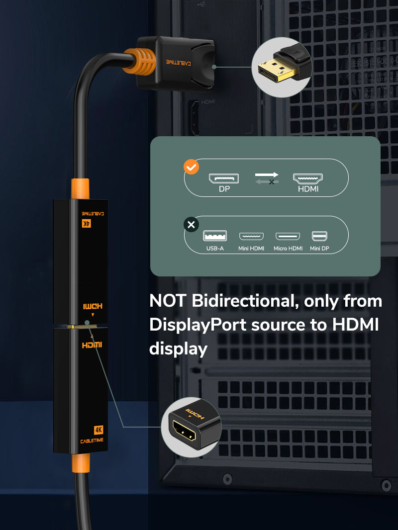 CABLETIME DisplayPort Male to HDMI Female Adaptor , NOT Bidirectional, only from DisplayPort source to HDMI display