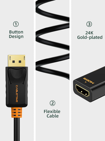 CABLETIME DisplayPort Male to HDMI Female Adaptor 4K 30hz with 24K Gold- plated connector