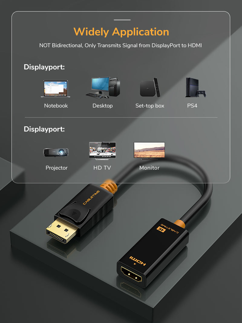 CABLETIME DisplayPort Male to HDMI Female Adaptor 4K 30hz for Projector HDTV Monitor
