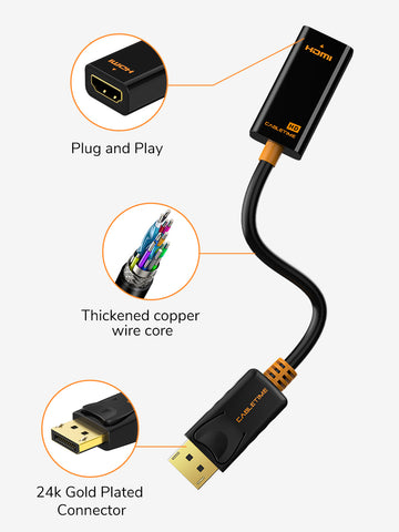 CABLETIME DP Male to HDMI Female Adaptor Converter, Plug and Play, 24k Gold Plated Connector