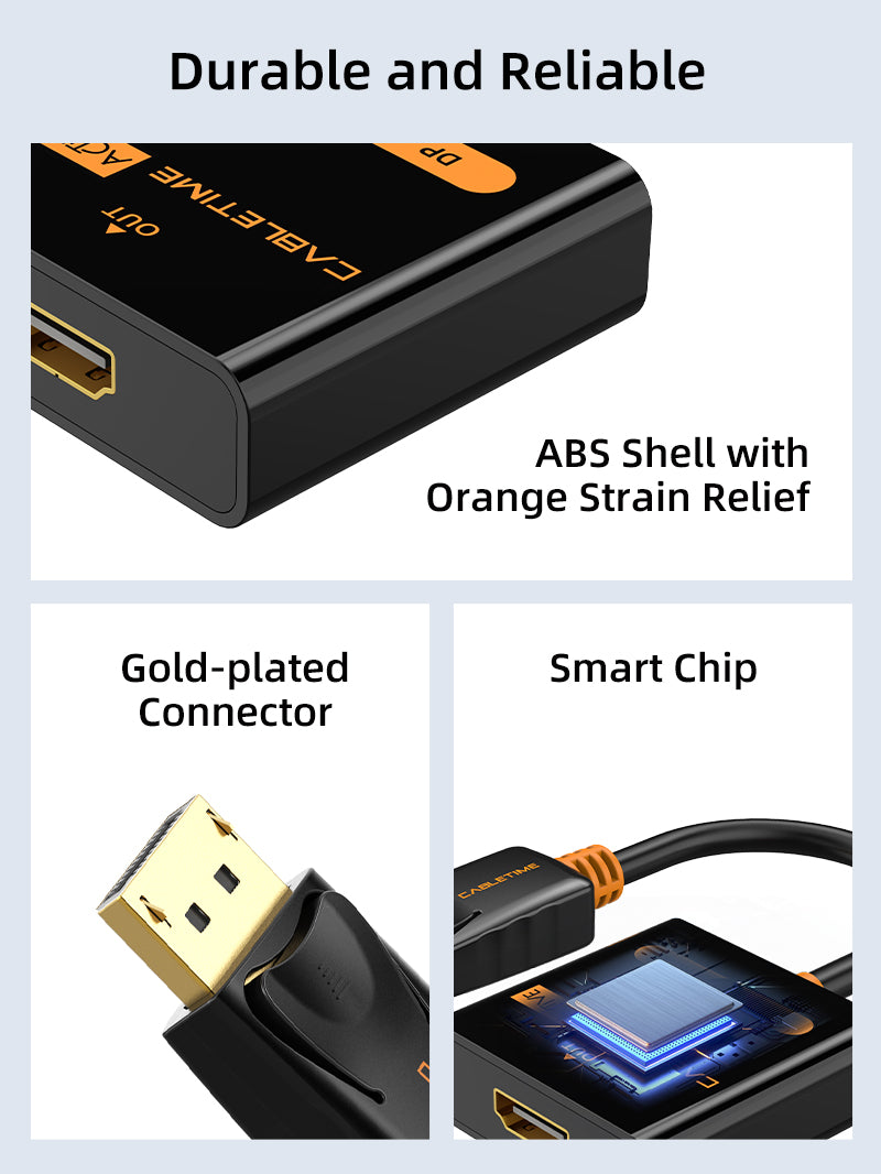 CABLETIME Active DP Male to HDMI Female Adapter Converter with Gold-plated Connector and smart chip