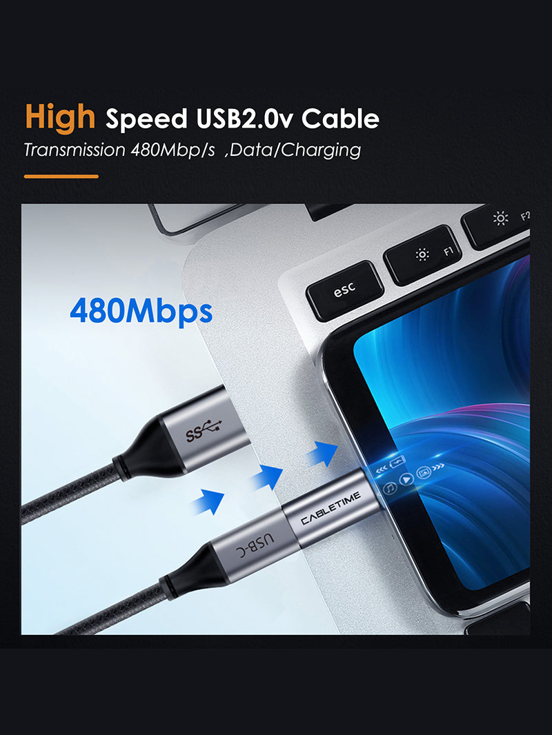 High speed 480Mbp/s CABLETIME USB 2.0 Micro B to USB Type C Adapter Converter