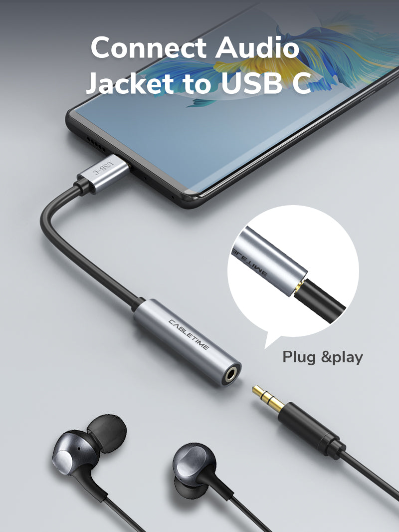 CABLETIME USB Type C To 3.5 MM Audio Aux Jack Adapter extendion